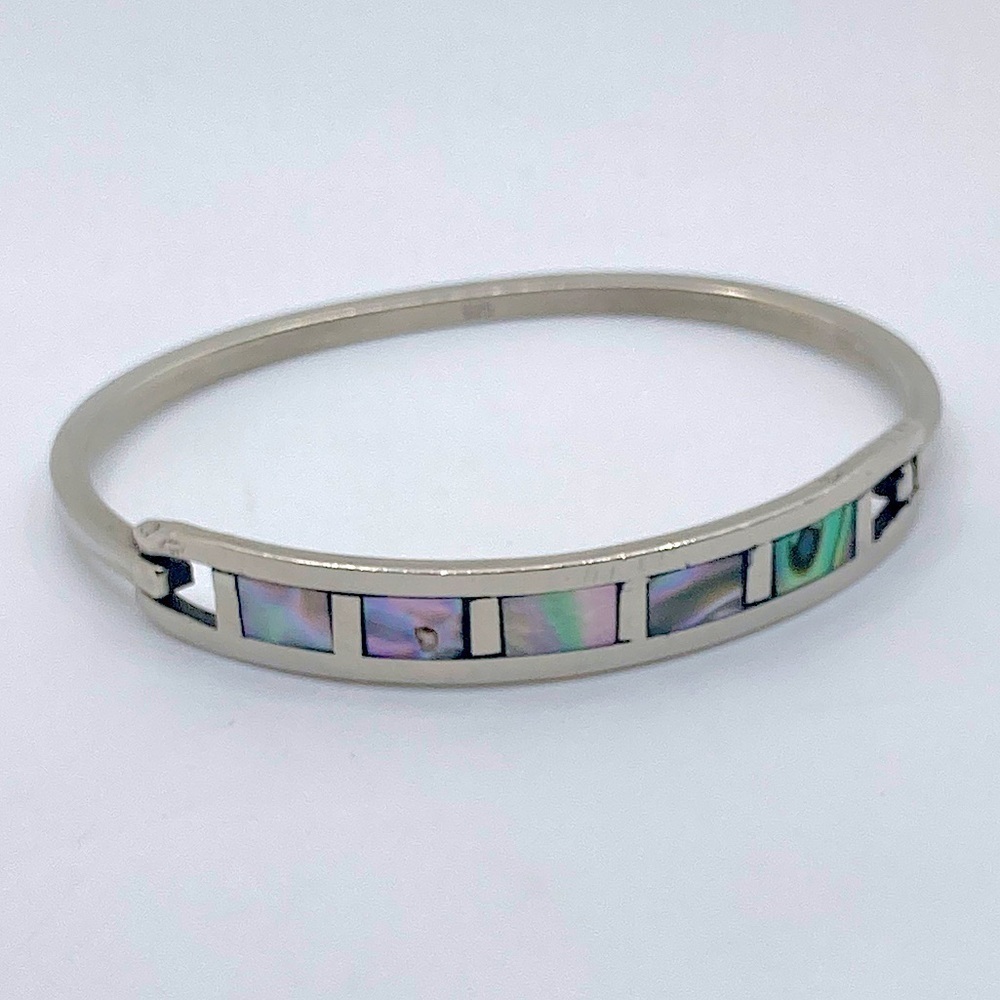 VTG Sterling Silver & Abalone Inlay Pinch Bracelet 6.6” / 2.1” Diameter